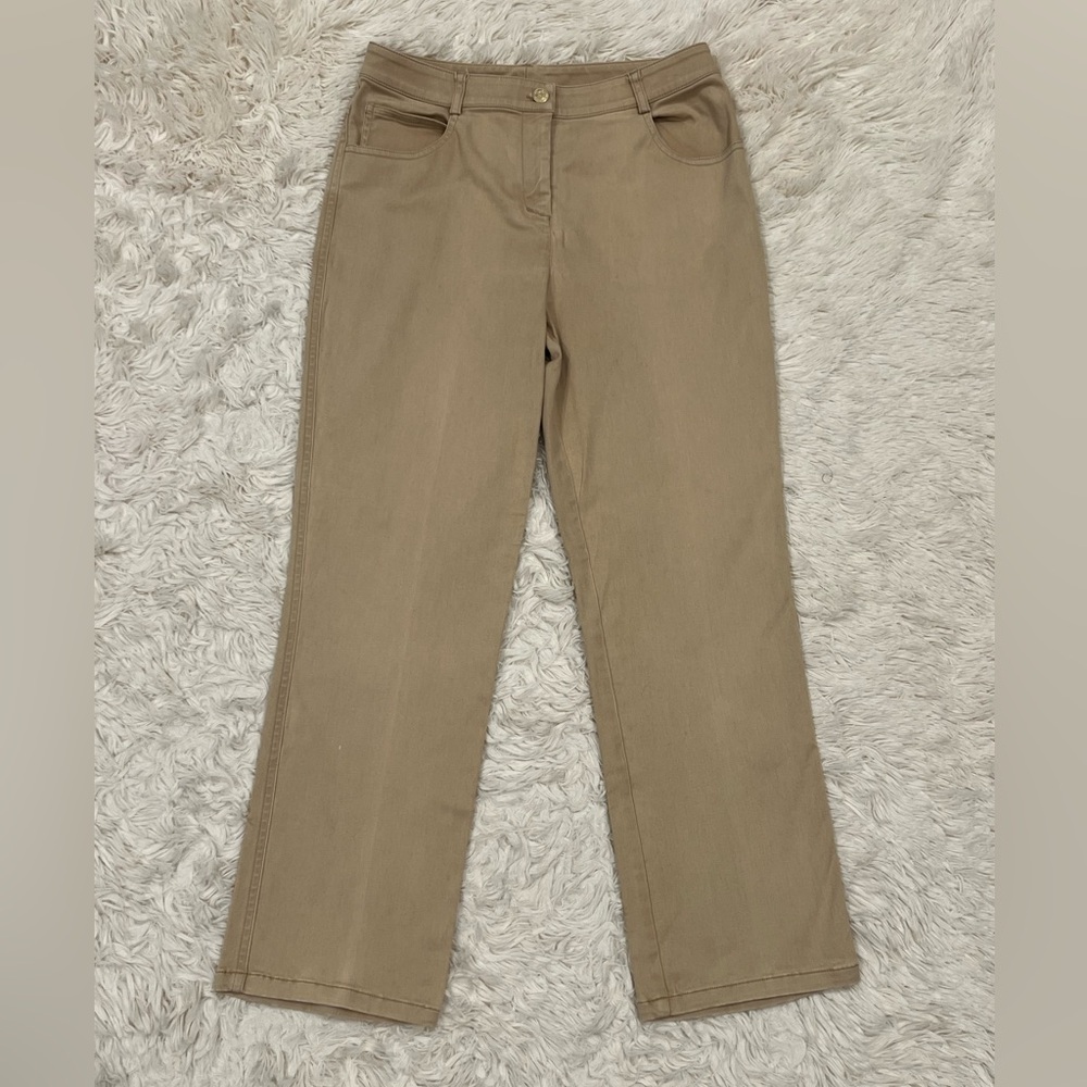 St. John Women's Khaki Tan Pants Sz 2 Straight Leg Stretch Gold Logo Designer